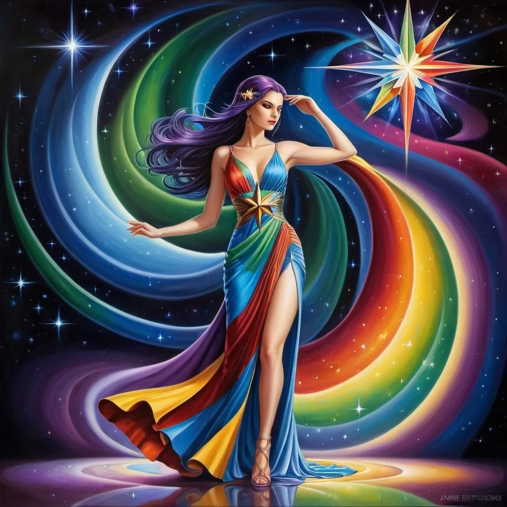 Prompt: a woman in a colorful dress with a star in the background of a painting of a woman in a colorful dress, Anne Stokes, fantasy art, mystical colors, an art deco painting