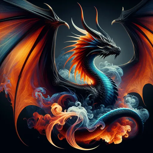 Prompt: a dragon with orange and blue wings on a black background with fire and smoke around it's wings, Chris LaBrooy, fantasy art, p, computer graphics