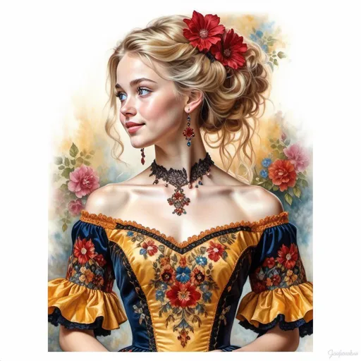 Prompt: <mymodel> beautiful woman, hair pinned up, yellow red black dress, earrings, Watercolor, trending on artstation, sharp focus, studio photo, intricate details, highly detailed, by  Josephine Wall and Jasmine Becket-Griffith