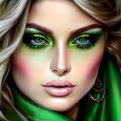 Prompt: High-res, realistic portrait of a stylish woman, vibrant green color scheme, large expressive green eyes, flawless makeup, luxurious green fabrics, elegant pose, detailed hair and accessories, professional, high-quality, realistic, green tones, detailed eyes, elegant styling, natural lighting