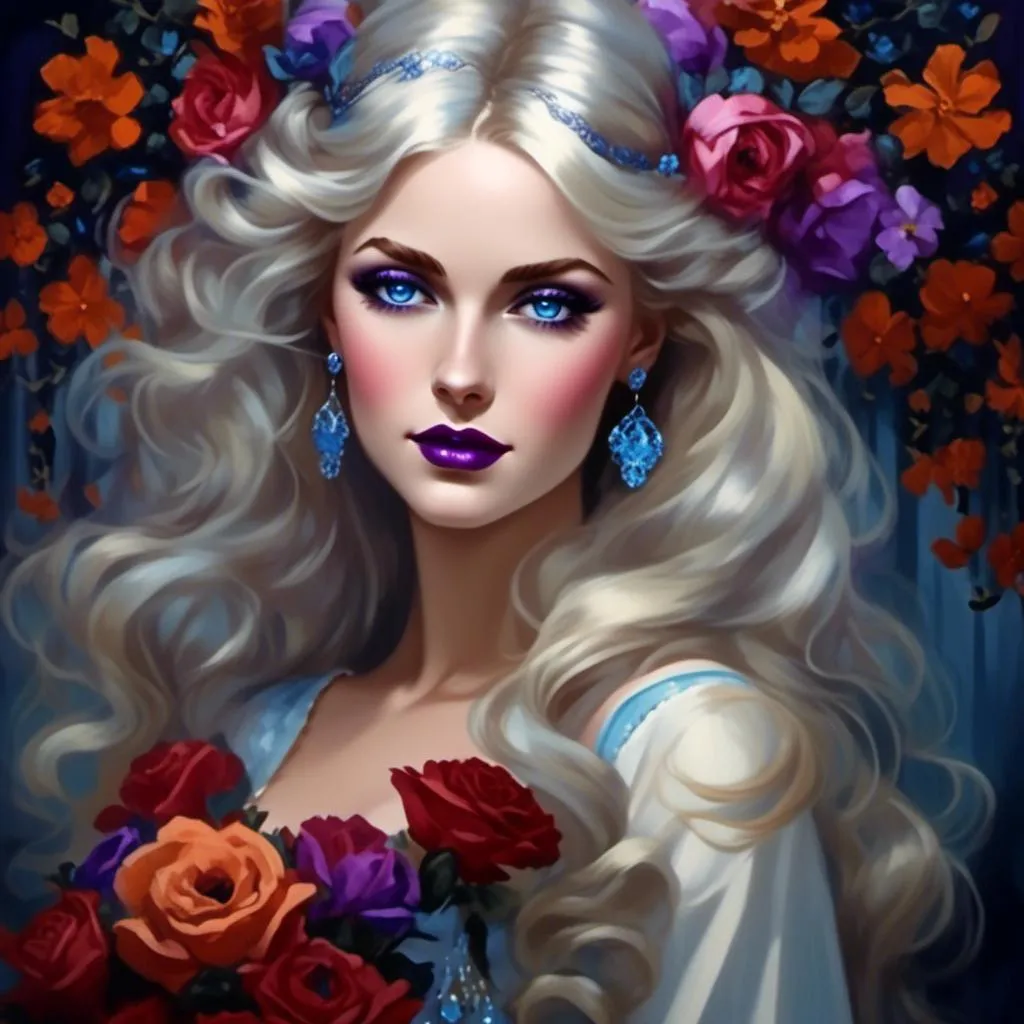 Prompt: <mymodel>Beautiful ethereal woman, long blonde hair,and icy blue eyes color, purple lipstick, facial closeup