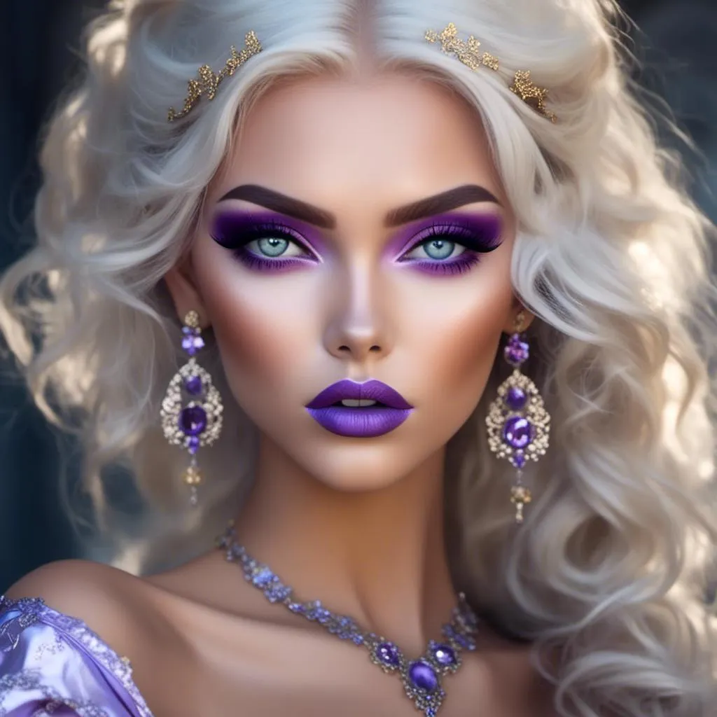 Prompt: <mymodel>Hypnotic bimbo  platinum  blonde   gold lips and purple eyeshadow 