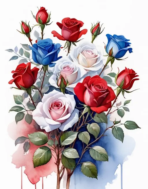 Prompt: <mymodel> watercolor,red, white and blue rose bush