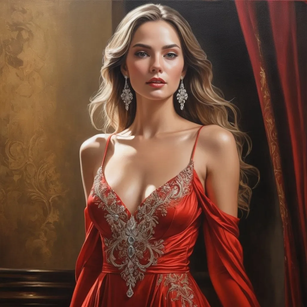 Prompt: <mymodel>Realistic oil painting of a powerful and elegant woman, flowing red gown, intricate jewelry, captivating gaze, detailed facial features, high quality, realistic, oil painting, elegant, flowing gown, powerful, captivating gaze, detailed facial features, intricate jewelry, professional lighting