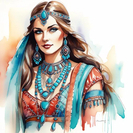 Prompt: <mymodel> Watercolor and pen sketch of a young woman in southwestern style, turquoise jewelry, flowing attire, intricate details, vibrant colors, high quality, southwest art, watercolor, pen sketch, detailed jewelry, flowing attire, vibrant colors, beautiful woman, high quality imagery, professional, atmospheric lighting