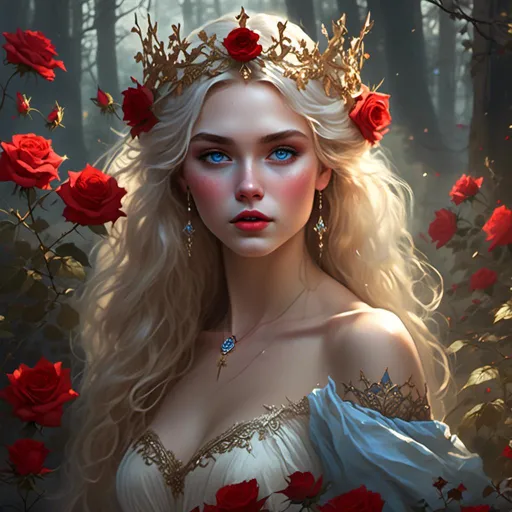 Prompt: Fairy tale, beautiful girl with white skin, (perfect face), light golden hair, blue pupils, red lips, forest style, mysterious, vintage fashion-dresses, with a transparent crystal crown on her head, the woman's body is so white Glows, (high detail) sitting on an oversized red rose, hyperdetail, ultra high definition.<mymodel>