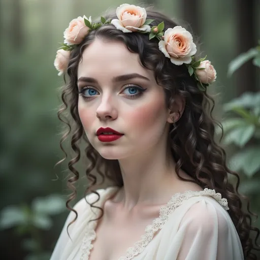 Prompt: a girl with a flower crown on her head is posing for a photo in the woods with flowers in her hair, Elina Karimova, gothic art, girl, a photorealistic painting