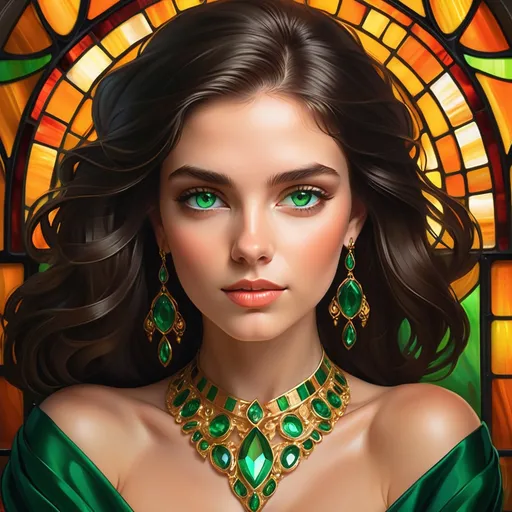 Prompt: Radiating elegance, a striking young woman with flowing, dark hair and captivating green eyes occupies the foreground, adorned in luxurious emerald jewelry that glimmers against her skin. Her expression is serene and confident, complemented by a rich green off-shoulder garment that enhances her graceful allure. Behind her, a vivid stained-glass window bursts with warm hues of gold and orange, creating a stunning contrast that adds a divine ambiance to the setting. The interplay of light and shadow gives depth to her features, while also illuminating the intricate details of her ornate necklace and earrings. This scene encapsulates a sense of beauty and opulence, inviting the viewer to appreciate the artistry of both the subject and her surroundings.