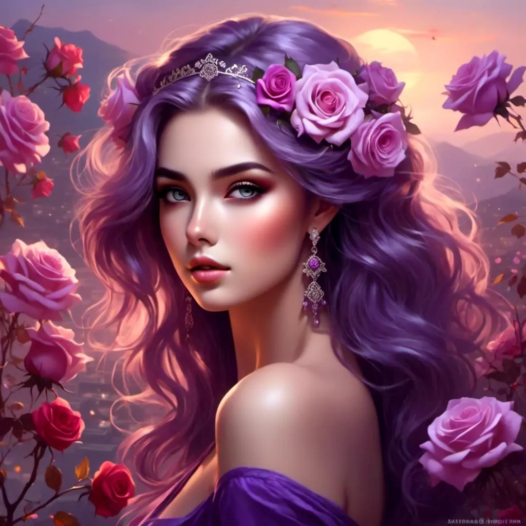 Prompt: <mymodel>Beautiful and Gorgeous woman, purple roses in hair