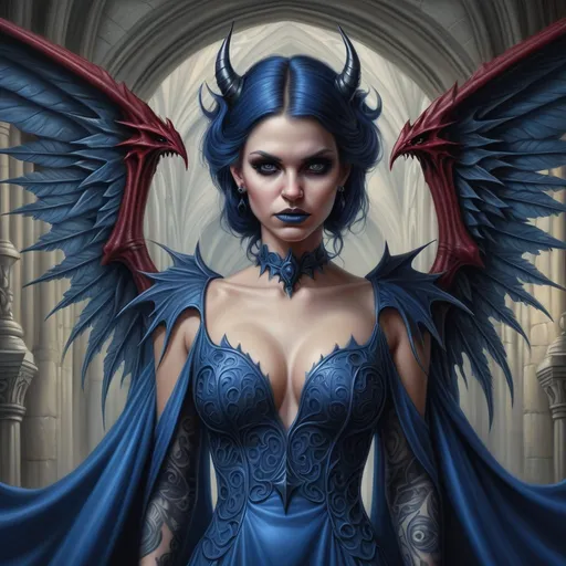 Prompt: a woman with a blue dress and a devilish head and wings on her body,  Anne Stokes, gothic art, highly detailed digital painting, a detailed painting