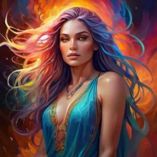 Prompt: Detailed digital painting of a powerful woman, vibrant colors, magical fantasy setting, flowing hair with intricate details, intense and confident expression, ethereal and mystical atmosphere, high quality, digital painting, fantasy, vibrant colors, flowing hair, powerful, confident, mystical, atmospheric lighting