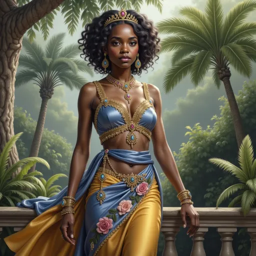 Prompt: Draped in vibrant fabrics adorned with floral patterns and golden embellishments, a striking figure stands confidently against a lush backdrop of tropical foliage. Her intricate jewelry gleams under soft, diffused light, highlighting her regal presence and the rich colors of her outfit, a fusion of blues and yellows that accentuate her stature. The scene is infused with a warm, dreamy quality, as hints of sunlight filter through the greenery, creating a serene yet vibrant atmosphere. With an intense gaze and poised posture, she embodies elegance and strength, conveying a narrative of cultural richness and natural beauty amid an enchanting, verdant setting.