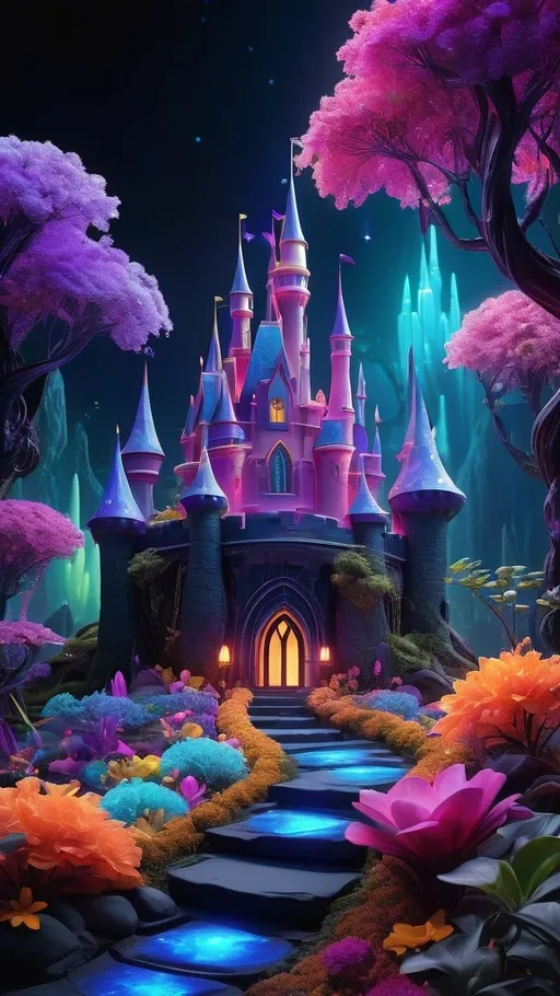 Prompt: https://s.mj.run/x9Zquc21muY , A colorful, and a fantasy world of magic on a black background, with purple and blue neon lights creating a dreamy atmosphere. This floating garden symbolizes creativity and imagination in the style of CGI., with vibrant colors, with amazing details, vibrant colors and lights, magical elements, featuring a magical castle made from colorful crystals surrounded by glowing trees and flowers. The background is black, bioluminescent plants, and glowing details 