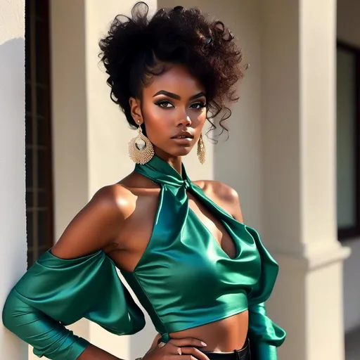 Prompt: <mymodel>beautiful makeup and hair on a gorgeous black woman, very slender, wearing a leather pants and a turquoise blouse