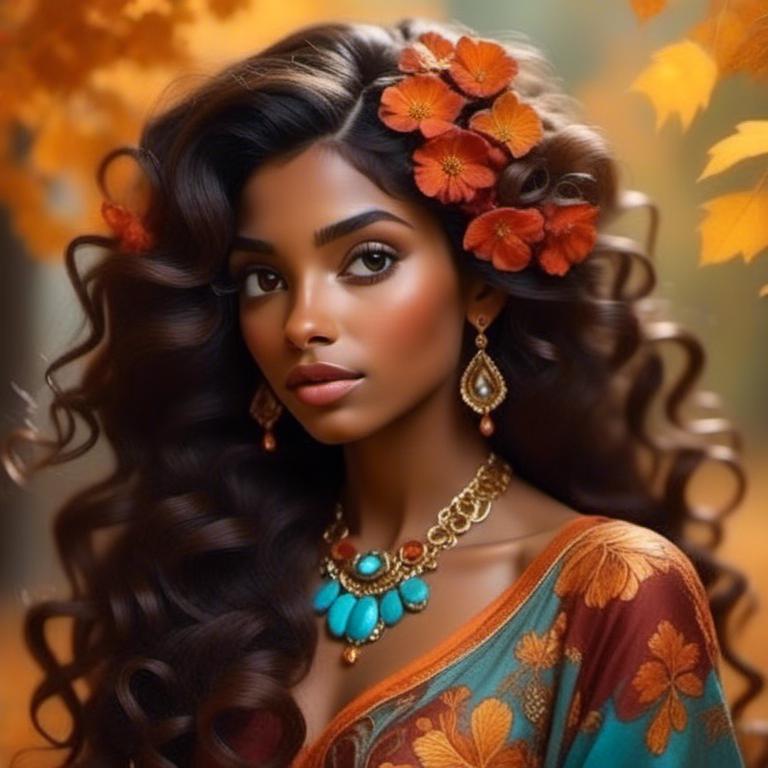 Prompt: <mymodel>Woman with dark skin, warm autumn colors, wearing turquoise jewelry,facial closeup