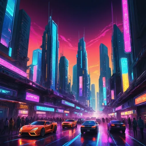 Prompt: Vibrant digital artwork of a lively cityscape, neon lights, dynamic colors, futuristic skyscrapers, hi-tech vehicles, bustling streets, ultra-detailed, digital painting, vibrant colors, dynamic composition, neon lights, futuristic, cityscape, hi-tech, bustling streets, professional, atmospheric lighting