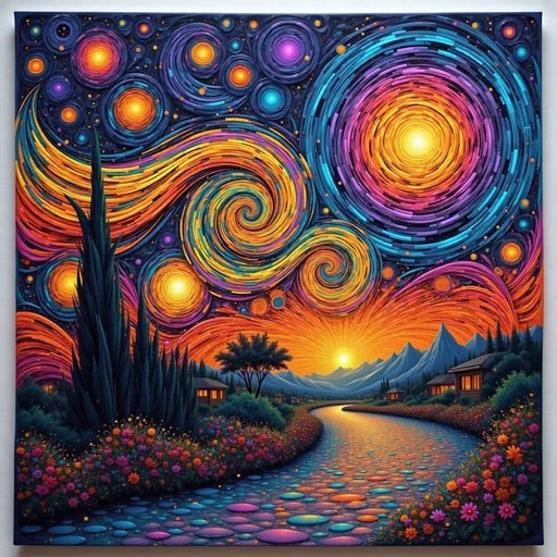 Prompt: a painting of a river with a sky full of stars and a building in the background with a star trail, Van Gogh, psychedelic art, intricate oil painting, a fine art painting