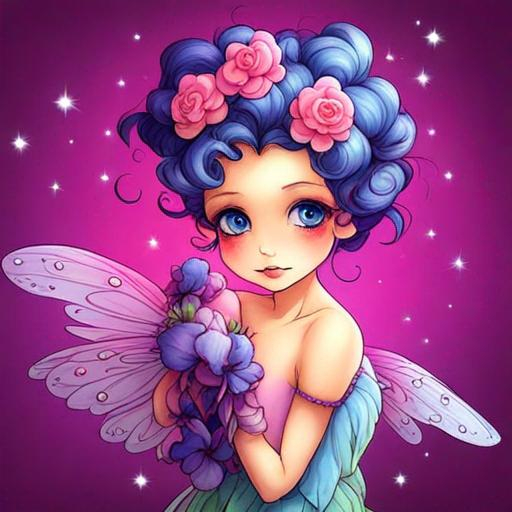 Prompt: purple, pink and blue flower fairy