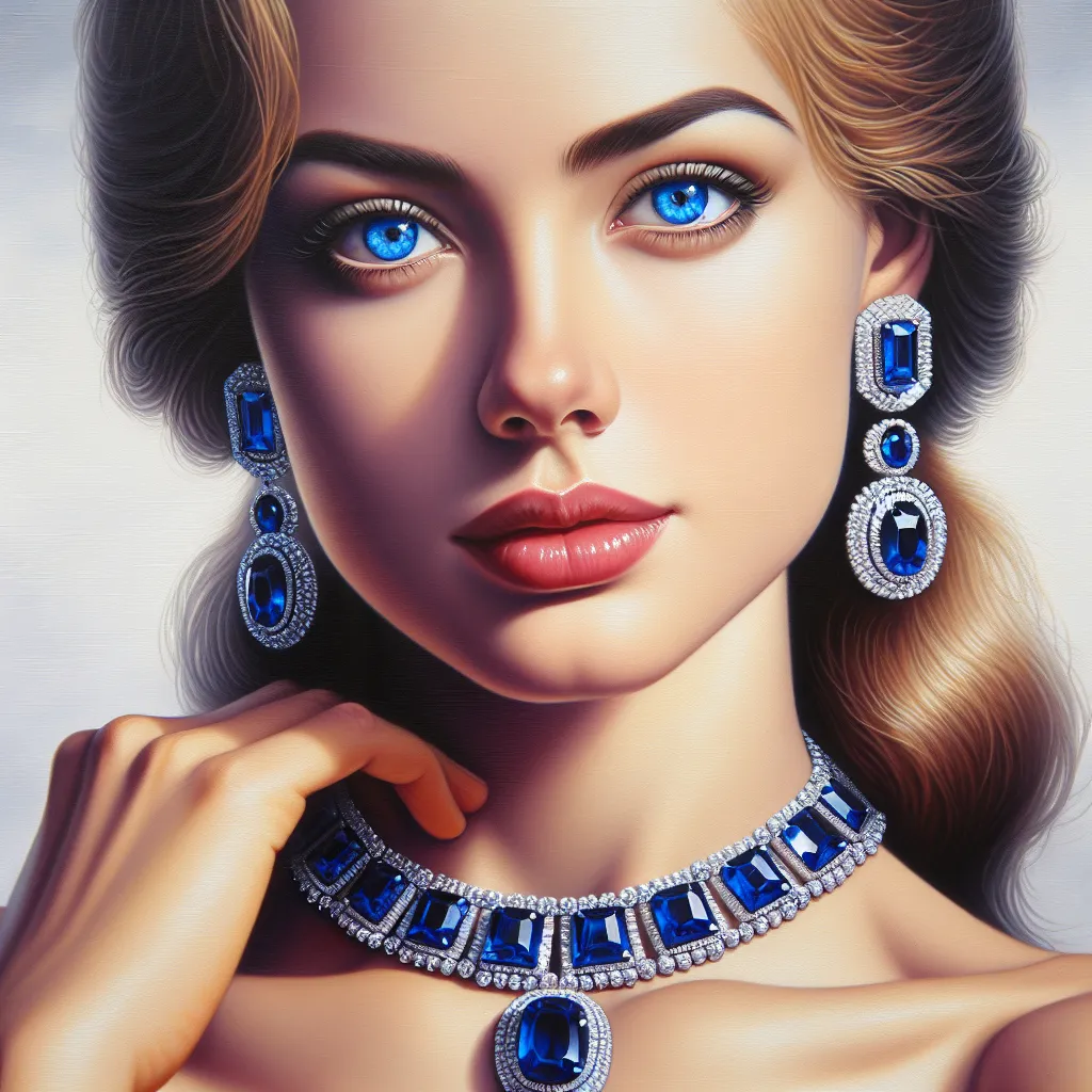 Prompt: a woman with blue eyes and  sapphire necklace and earring with a white background. Elina Karimova, cloisonnism, jewelry, a photorealistic painting