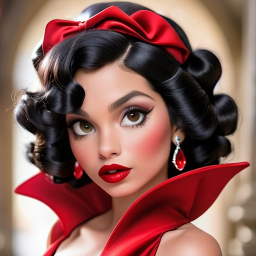 Prompt: woman with curly black hair, red lips,  Red dress, wearing ruby jewelry, facial closeup
