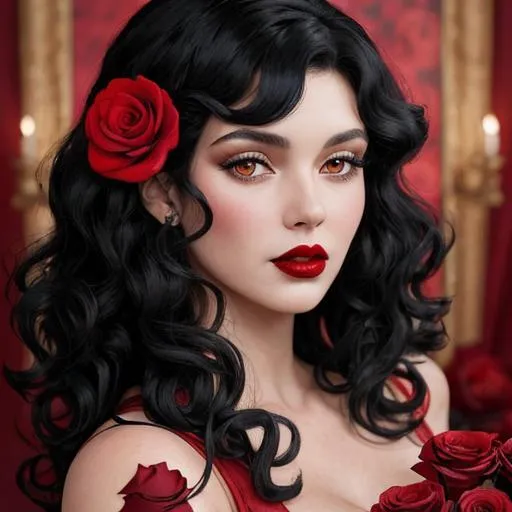 Prompt: woman with curly black hair, red lips,  Red dress, red roses in her hair, facial closeup
