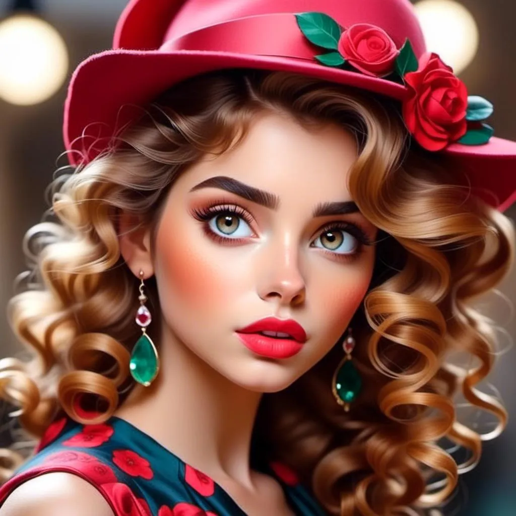 Prompt: <mymodel>woman with big  eyes and carmine lips, curly hair,,  pink cheeks