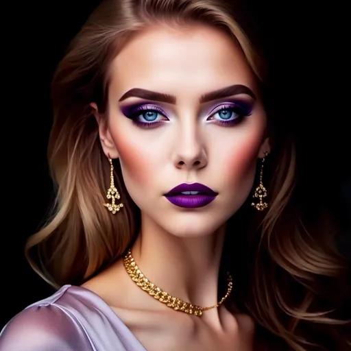 Prompt: <mymodel>Hypnotic bimbo  platinum  blonde   gold lips and purple eyeshadow 