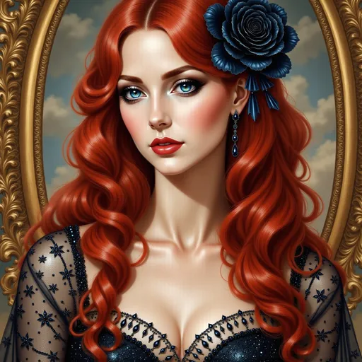 Prompt:  a woman with long red hair and a black rose in her hair, Anna Dittmann, gothic art, pre - raphaelite, an oil painting