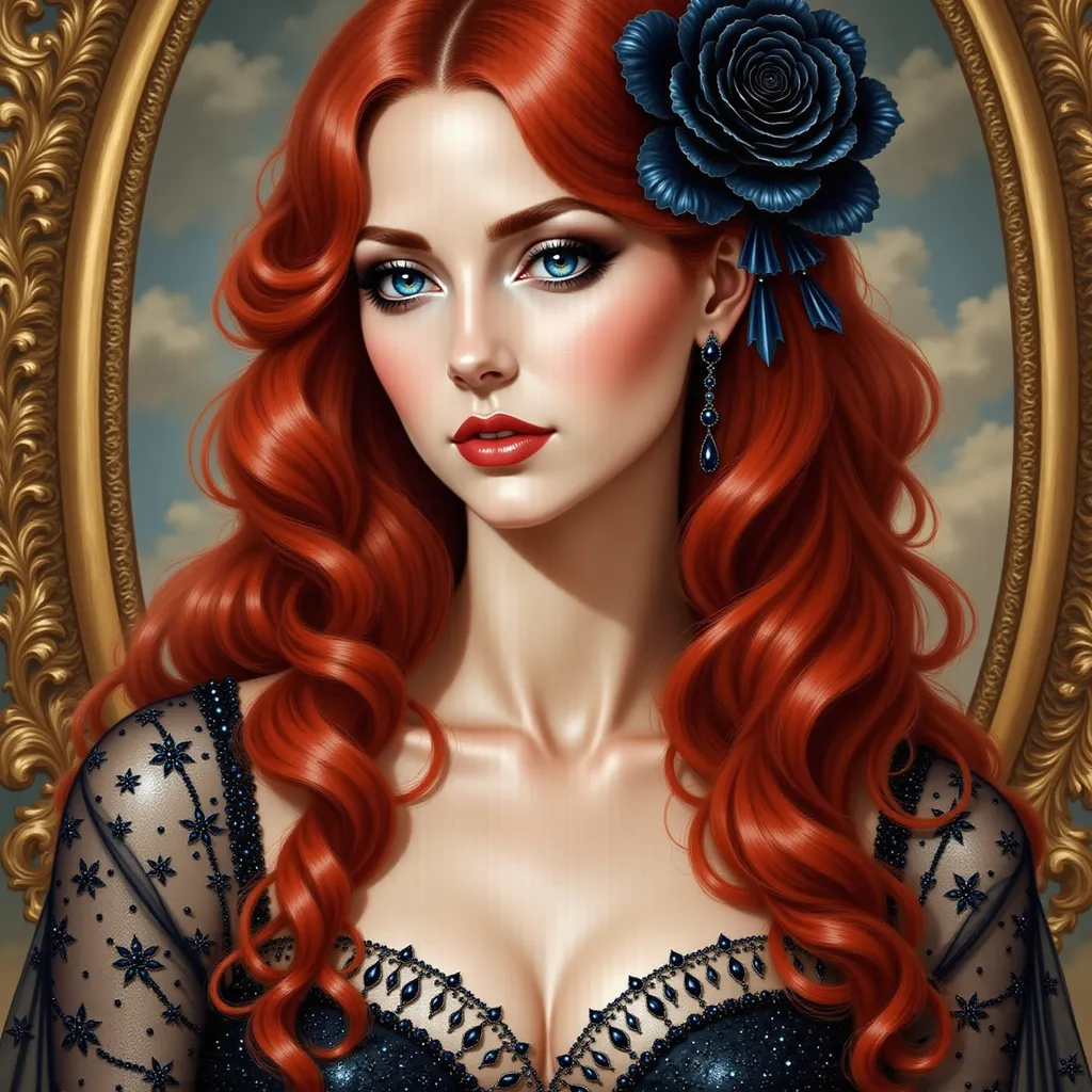 Prompt:  a woman with long red hair and a black rose in her hair, Anna Dittmann, gothic art, pre - raphaelite, an oil painting