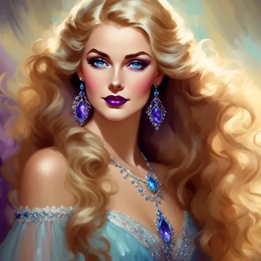 Prompt: Beautiful ethereal woman, long blonde hair,and icy blue eyes color, purple lipstick, facial closeup<mymodel>