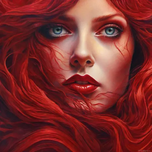 Prompt: Lady in red, surrealism, detailed facial closeup, vibrant colors, dreamlike atmosphere, high quality, surrealism, detailed features, intense gaze, flowing red hair, otherworldly background, surreal lighting, vibrant, dreamy, surreal, detailed, high quality, closeup, facial expression, surrealism style, intense colors