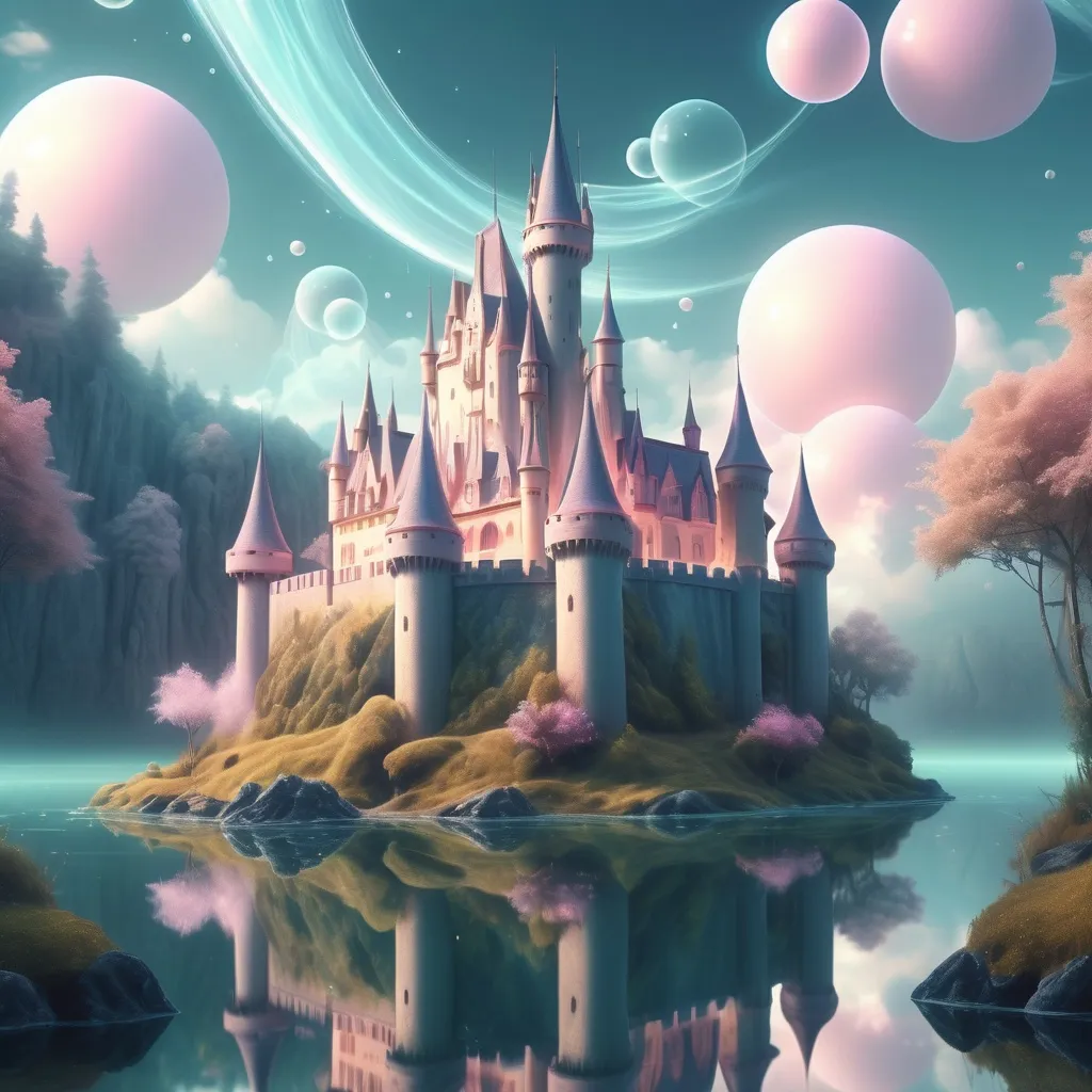 Prompt: A castle-ethereal dreamlike landscape, soft pastel colors, surreal and whimsical elements, inviting contemplation, awe-inspiring scenery, wispy clouds, gentle glowing light, tranquil water reflections, enchanting forest, serene ambiance, floating orbs of light, ultra-detailed, 4K quality, mystical allure, peaceful exploration herramienta.