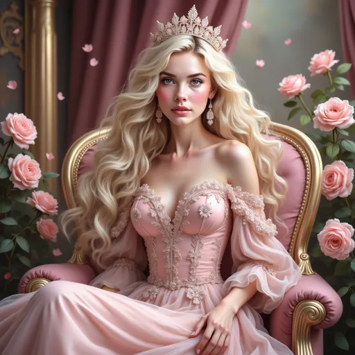 Prompt: Seated gracefully on an ornate throne, a young woman embodies the essence of royalty with her delicate, pale pink gown embellished with shimmering details and floral accents. Her long, flowing hair frames her face, cascading over her shoulders in soft waves, while a sparkling crown rests atop her head, complementing her elegant earrings. Surrounding her are lush, blooming roses that enhance the enchanting atmosphere, and subtle hints of petals drifting through the air evoke a dreamlike quality. Bathed in soft, warm light, the scene exudes a romantic and serene mood, capturing a moment of poised elegance in a fantastical setting. The intricate details and gentle color palette resonate with a story of grace and beauty, inviting viewers into a fairytale world.