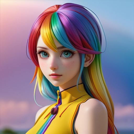 Prompt: HDR, UHD, 64k, best quality, pale skin, unrealistically, multicolored hair,  UHD, hd , 64k, , hyper realism, Very detailed, full body, hyper realism, Very detailed, female anime, slender body, in hyperrealistic detail, rainbow hair, facial closeup