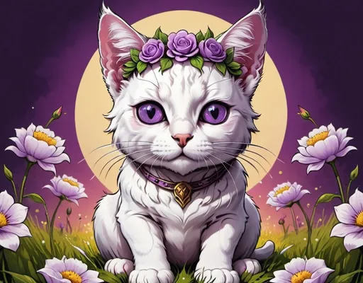 Prompt: a white cat with a flower crown on its head sitting in a field of flowers with a purple background, Carlos Catasse, fantasy art, game art, a character portrait