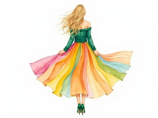 Prompt: This is a digital illustration of a woman viewed from the back, set against a plain white background. The woman has long, wavy blonde hair that flows freely down her back. She is wearing an off-the-shoulder green top that contrasts with her vibrant, multi-colored skirt. The skirt features an array of bright, gradient colors including pink, orange, yellow, green, and light blue, creating a dynamic and eye-catching effect. The skirt appears to be made of a lightweight, flowing fabric that billows out to the sides, giving a sense of movement and elegance. She is also wearing green high-heeled shoes that match her top. The illustration uses a soft, painterly style with smooth gradients and gentle, flowing lines to convey a sense of motion and grace. The overall composition is minimalistic, focusing on the subject without any additional background elements, allowing the colorful skirt to be the focal point. The style and color palette evoke a sense of freedom and joy, making the image feel lively and dynamic.
