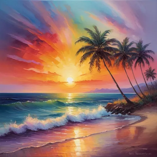 Prompt: Vibrant sunset in rainbow colors, oil painting, calm ocean waves, palm trees silhouetted against the horizon, high quality, impressionism, warm tones, soft and dreamy lighting