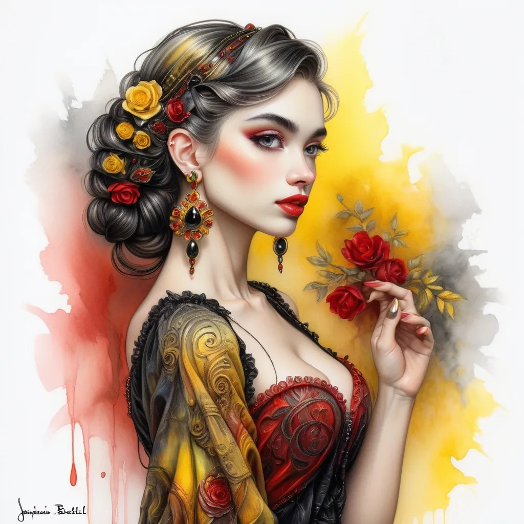 Prompt: <mymodel> beautiful woman, hair pinned up, yellow red black dress, earrings, Watercolor, trending on artstation, sharp focus, studio photo, intricate details, highly detailed, by  Josephine Wall and Jasmine Becket-Griffith