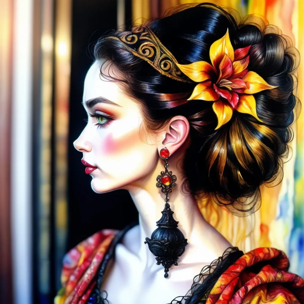 Prompt: beautiful woman, hair pinned up, yellow red black dress, earrings, Watercolor, trending on artstation, sharp focus, studio photo, intricate details, highly detailed, by  Josephine Wall and Jasmine Becket-Griffith