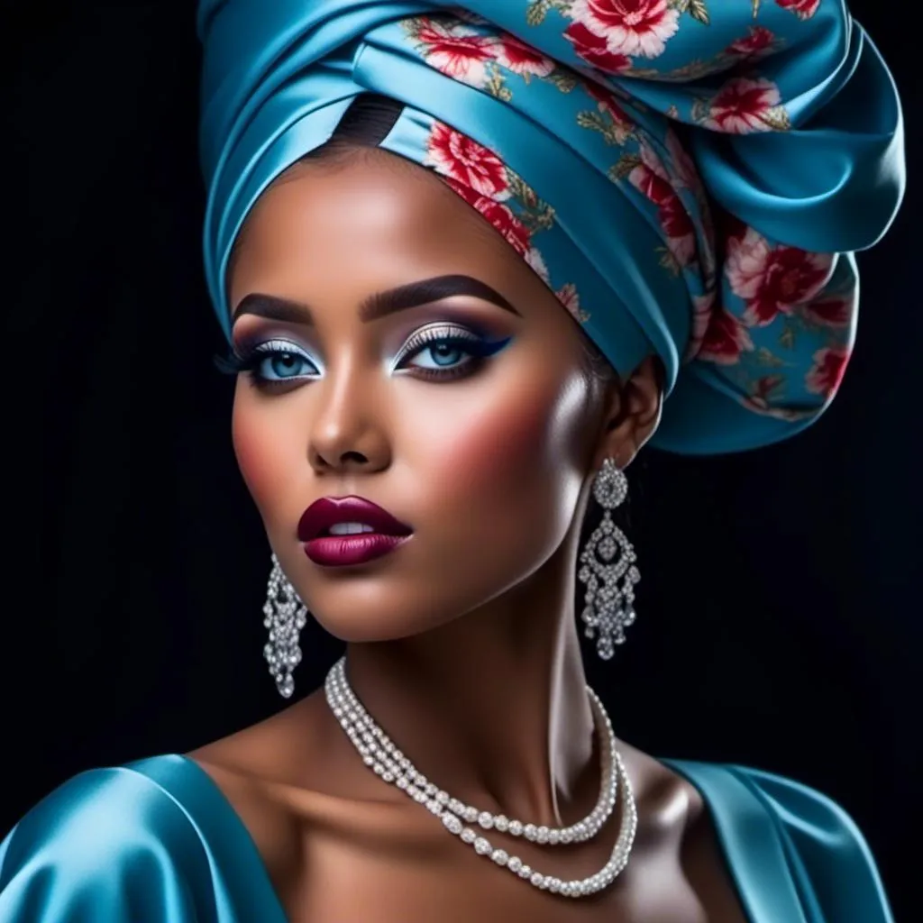 Prompt: Elegant black woman, striking blue eyes<mymodel>