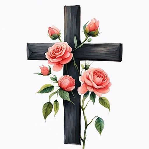 Prompt: A watercolor painting of a cross surrounded by red roses