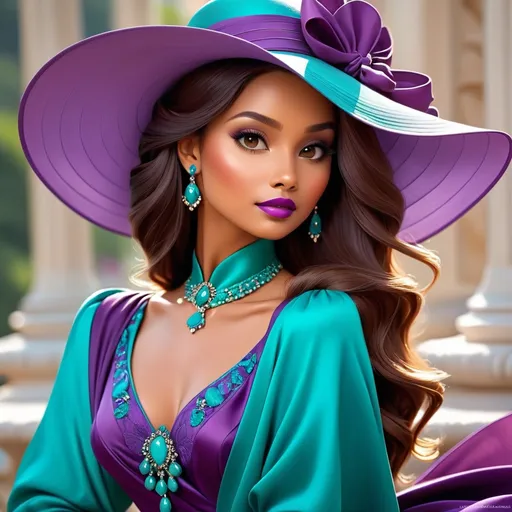 Prompt: Elegant lady in colors of purple and turquoise