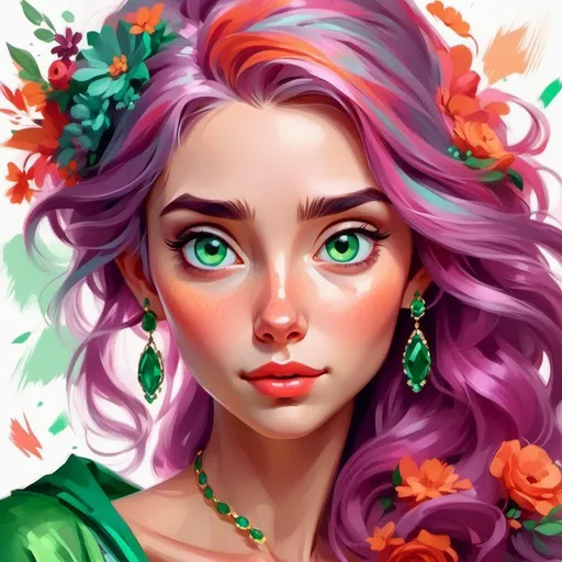 Prompt: <mymodel>Detailed illustration of a woman in vibrant green attire, large vivid green eyes, elegant makeup, digital painting, high resolution, realistic style, vibrant green, professional lighting