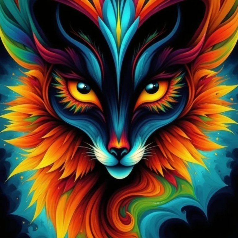 Prompt: a painting of a fox with bright colors on it's face and eyes, with a black background, Android Jones, psychedelic art, incredible art, an airbrush painting