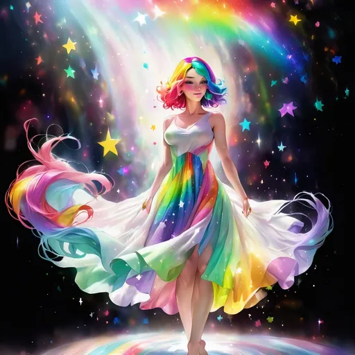 Prompt: a woman with colorful hair and a rainbow dress on her body, with stars in the background and a rainbow - colored hair, Artgerm, fantasy art, rossdraws global illumination, a character portrait