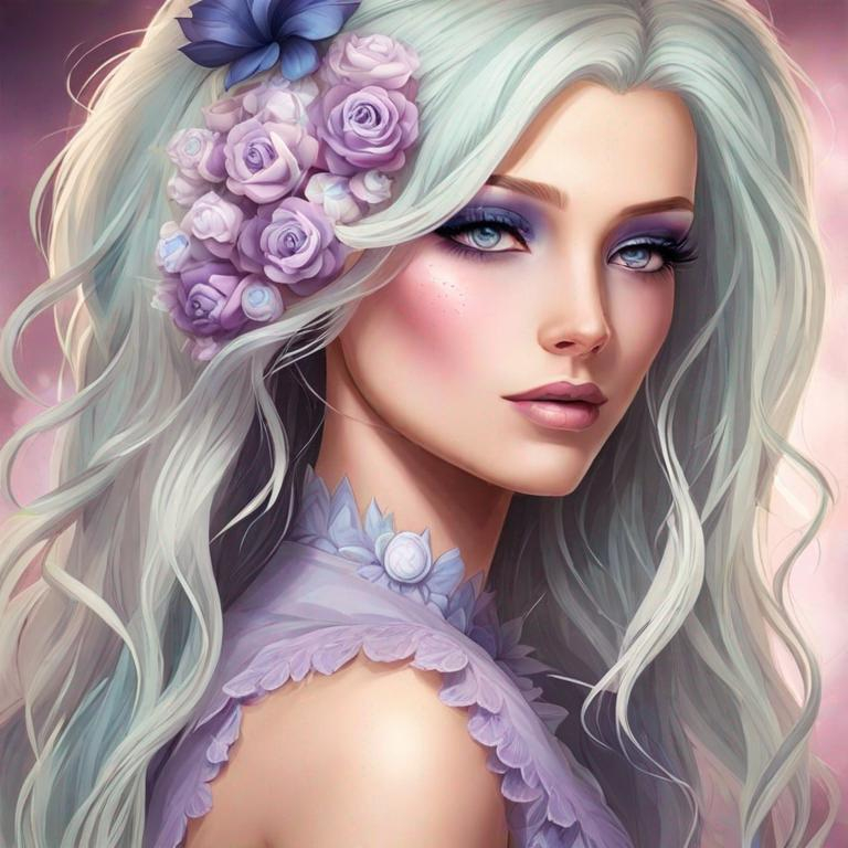 Prompt: A beautiful woman, white hair with pastel purple highlights, violet eyes, blue eyeshadow, pastel blue roses in her hair, blue jewels on forehead, cartoon style