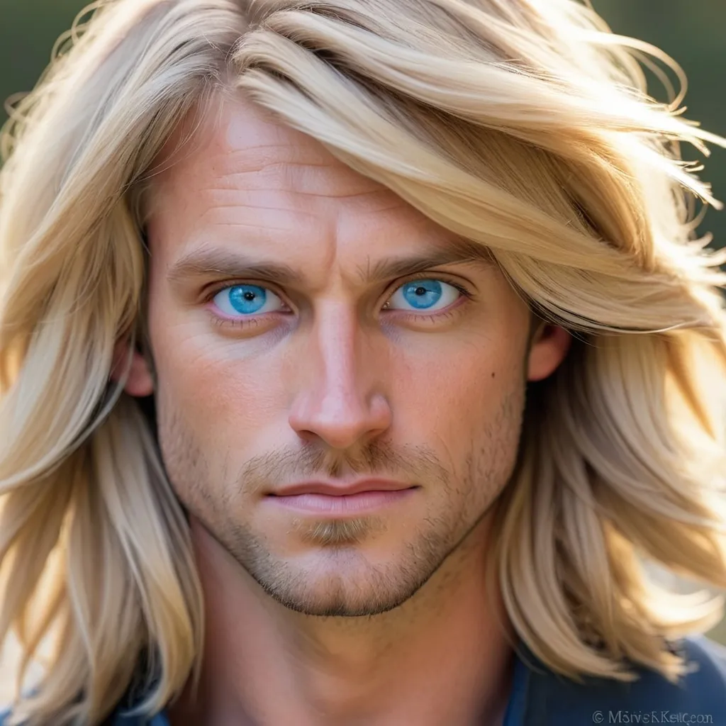 Prompt: 30 year old, rugged, caucasian. shoulder length blonde hair, blue eyes. facial closeup