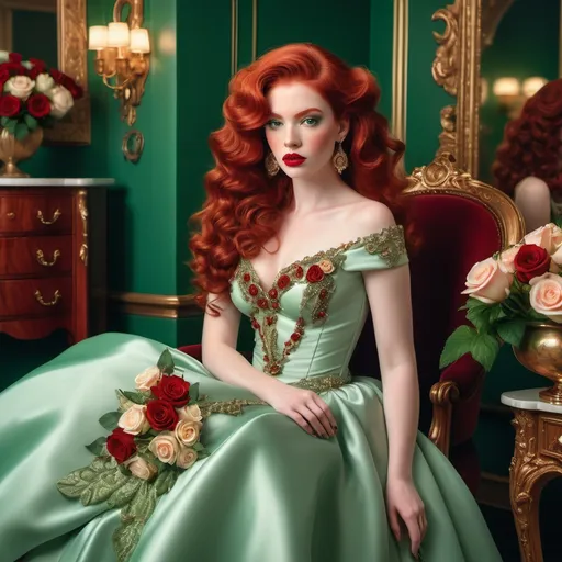 Prompt: In a lavishly decorated room adorned with rich green and red hues, a striking woman captures attention with her opulent appearance. She boasts vibrant red hair styled in soft curls, elegantly accented with delicate roses, while her porcelain complexion highlights her bold red lips and accentuated cheeks. Clad in an exquisite mint-green gown embellished with intricate golden details and corsages of deep red roses, she exudes an air of sophistication and grace. The warm glow from nearby antique lamps casts a soft illumination on her figure, enhancing the luxurious ambiance of the setting. This captivating scene conveys a sense of regal elegance, inviting viewers into a world of timeless beauty and refined style.