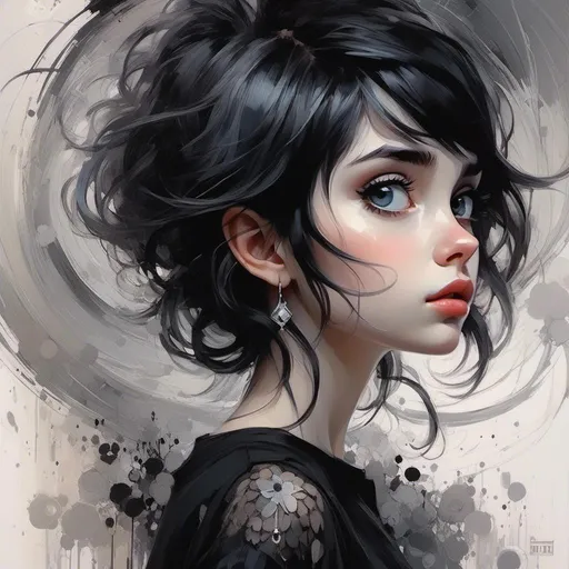 Prompt: <mymodel>A pouty goth punk girl by Holly Hobbie, Richard Burlet and Russ Mills; serious but dark; cute but distant
A goth punk girl inside a swirly black hole dreamscape brainstorm