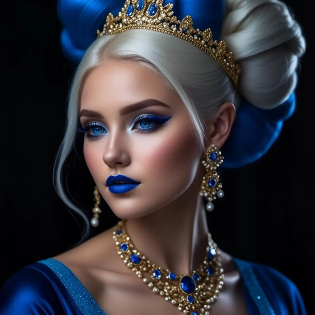 Prompt: <mymodel>A beautiful woman, white hair, blue eyes, blue eyeshadow, blue jewels o